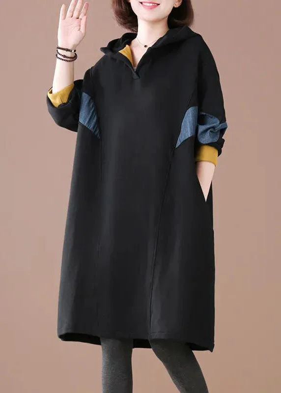 Plus Size Black Hooded Patchwork Warm Fleece Loose Sweatshirt Dress Winter Hoodie with Back Slit Movement Comfort