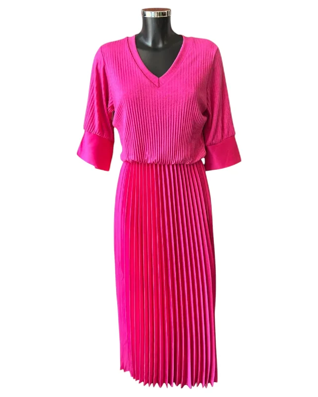 Connie v neck pleated dress - Cerise Tunics Trendy modern