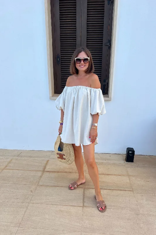 Caitlyn Puff Sleeve Bardot Dress In Neutral Tunics Essential wardrobe