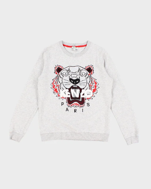 Kenzo Women's Grey Marled Tiger Embroidery Sweatshirt - S Hoodie with Drawstring Waist Adjustable Fitted