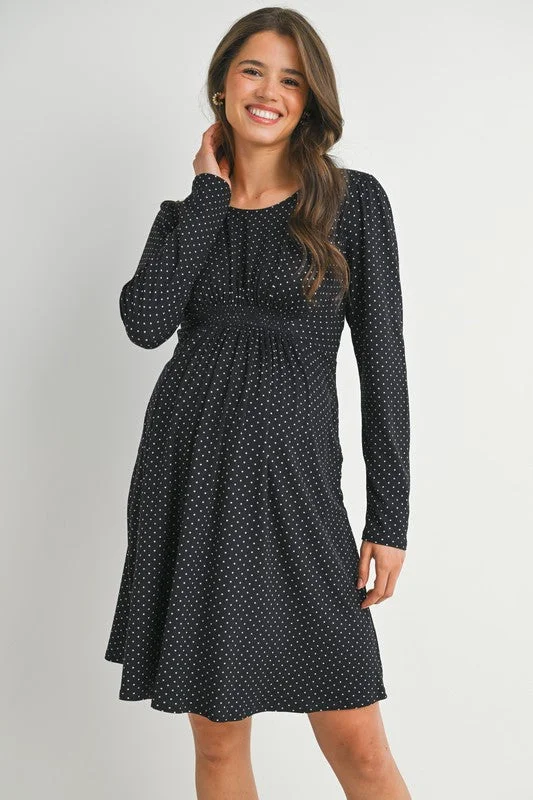 2908 Polka Dot Cinched Waist Maternity Knit Dress Tunics Solid Classic