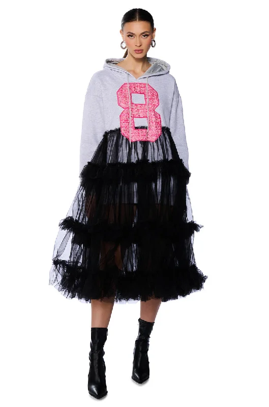 SPORTY CHIC TULLE HOODIE DRESS Hoodie with Button Classic Timeless