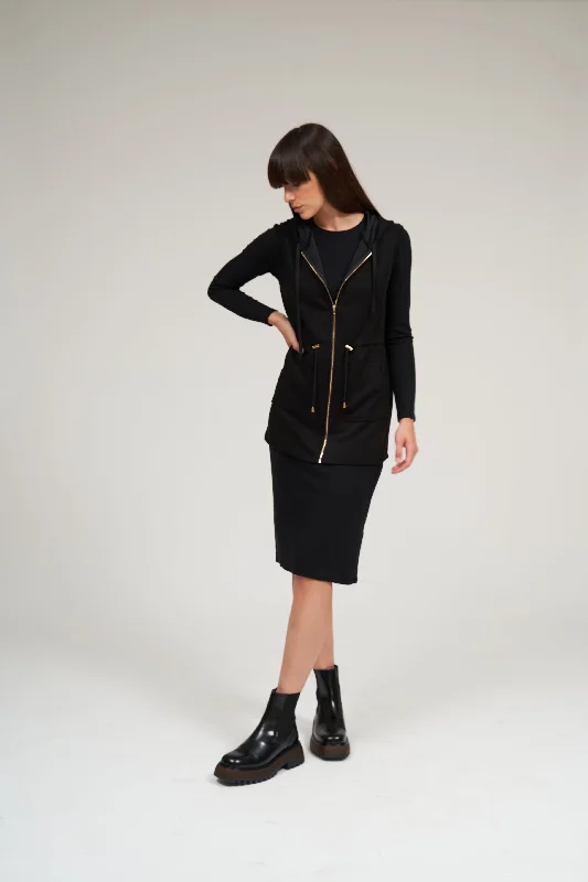 Hoodie Vest- Black Hoodie Dress Longline Feminine
