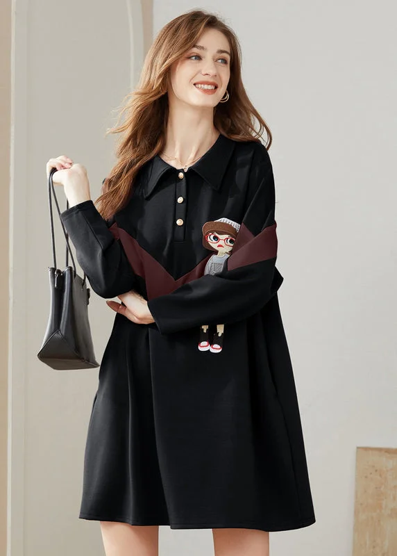 Modern Black Peter Pan Collar Character Print Cotton Sweatshirts Dress Spring Hoodie with High-Low Hem Asymmetrical Trendy