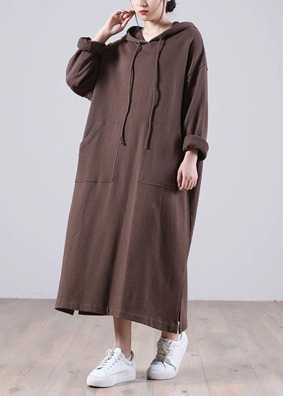Elegant Brown Hooded Pockets Side Open Fall Sweatshirt Dresses Hoodie with Pattern Geometric Abstract