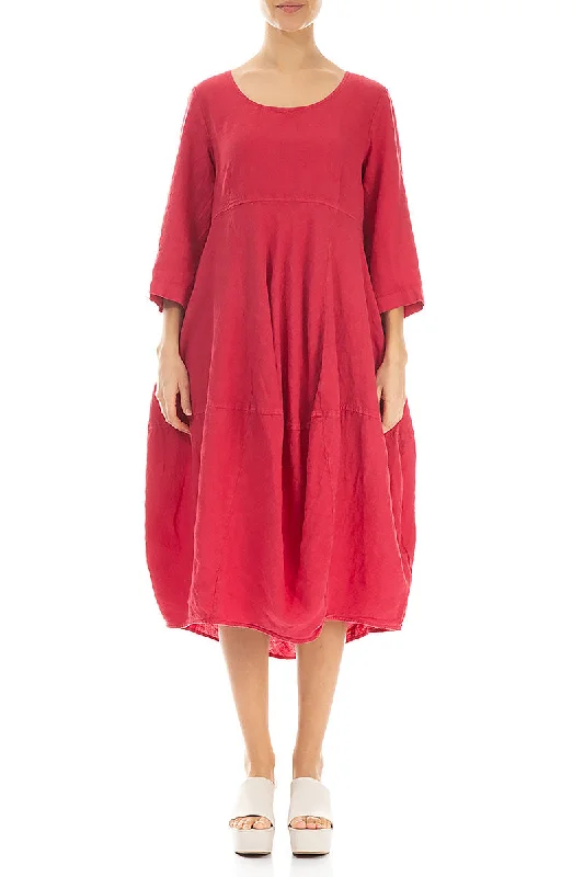 Balloon Cropped Sleeves Raspberry Linen Dress Tunics Winter warm