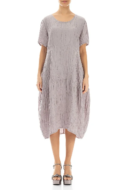 Short Sleeves Balloon Crinkled Greige Silk Dress Casual Short Summer
