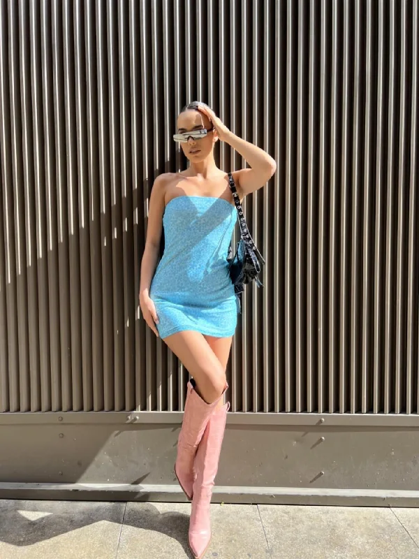 Blue Flower Mesh Bandeau Mini-Dress Tunics Recommended stylist