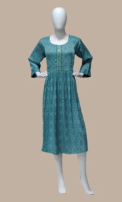 Deep Aqua Green Bandhani Printed Kurti Dress Tunics Bridal satin