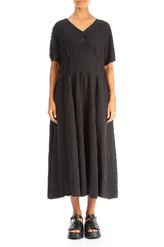 Buttoned Black Linen Dress Tunics Chic elegant