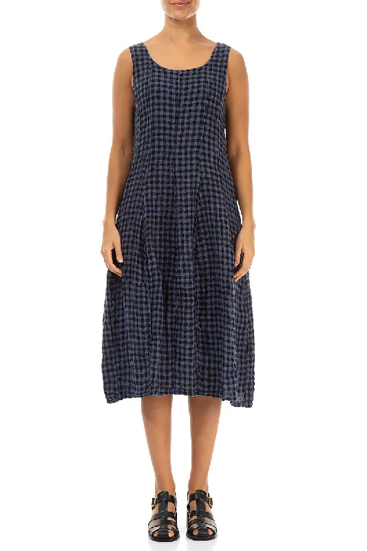 Sleeveless Balloon Blue Nova Check Linen Dress Tunics Stylish elegant