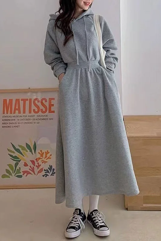 High Elastic Waist Long Hoodie Dress Hoodie with Hem Detail Decorative Unique