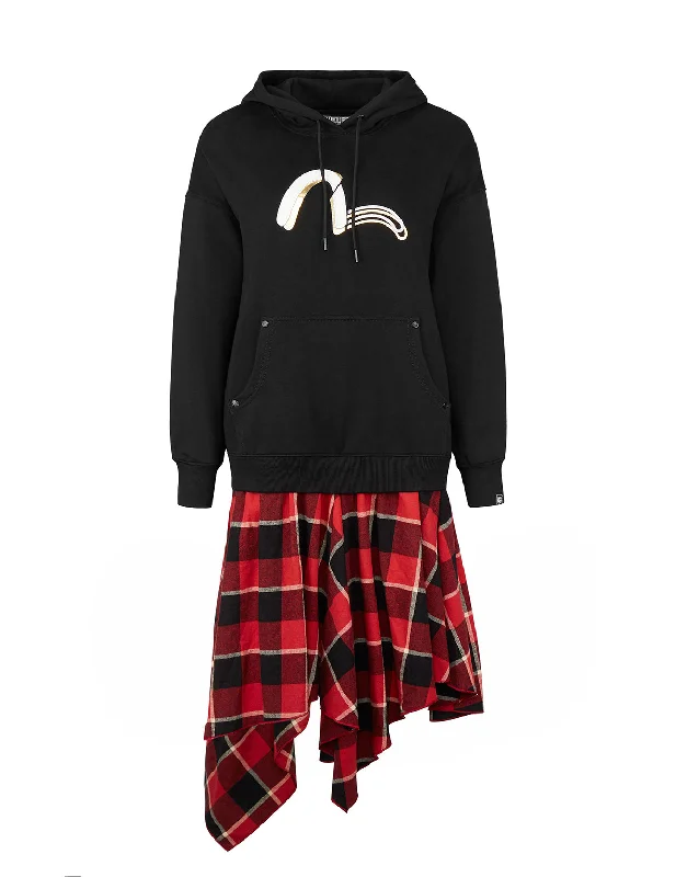 Hoodie and Check Plaid Skirt One-Piece Hoodie with Elastic Waist Stretchable Comfortable