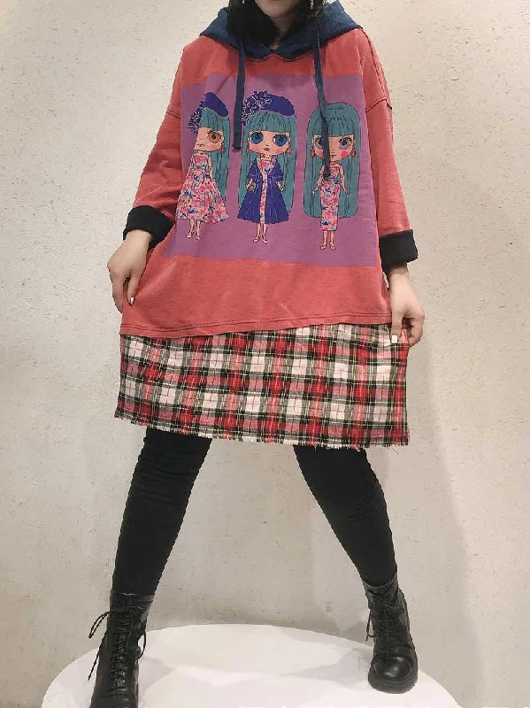 Anatomy Of Love Doll Print Hooded Midi Sweatshirt Dress Hoodie with Lining Warm Insulated
