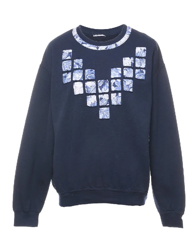Navy & Purple Patchwork Floral Design Sweatshirt - L Hoodie with Button Classic Timeless