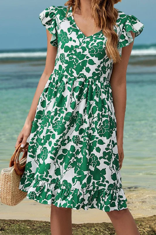Ruffled Printed V-Neck Cap Sleeve Dress Tunics Trendy modern