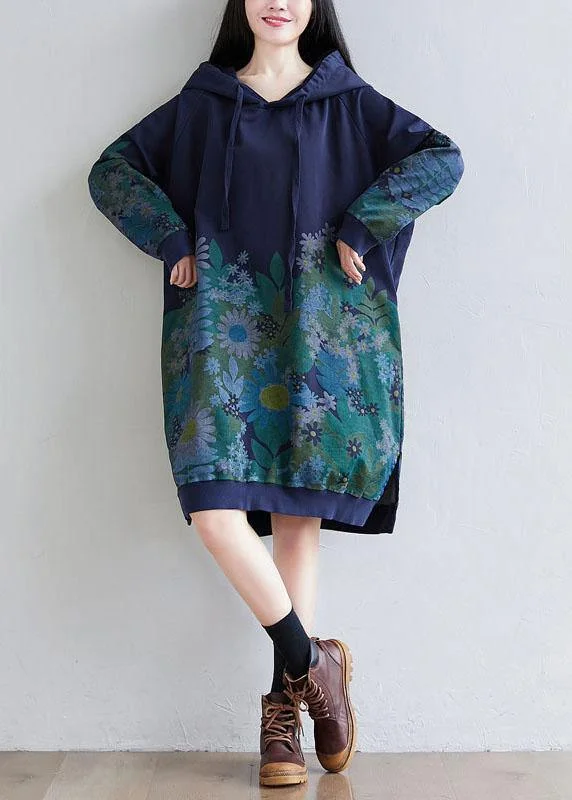 Trendy Navy Hooded Pockets Print Side Open Fall Sweatshirts Dress Hoodie with Ribbed Hem Stretchable Secure