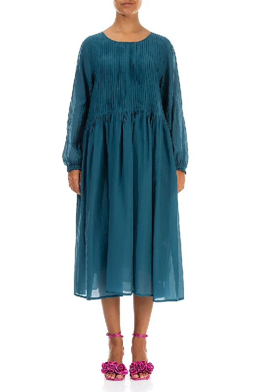 Pleated Dark Teal Silk Cotton Dress Tunics Fall fleece