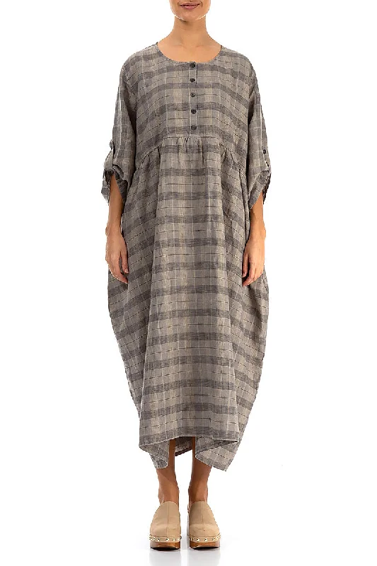 Buttoned Greige Check Linen Dress empire Waist empire