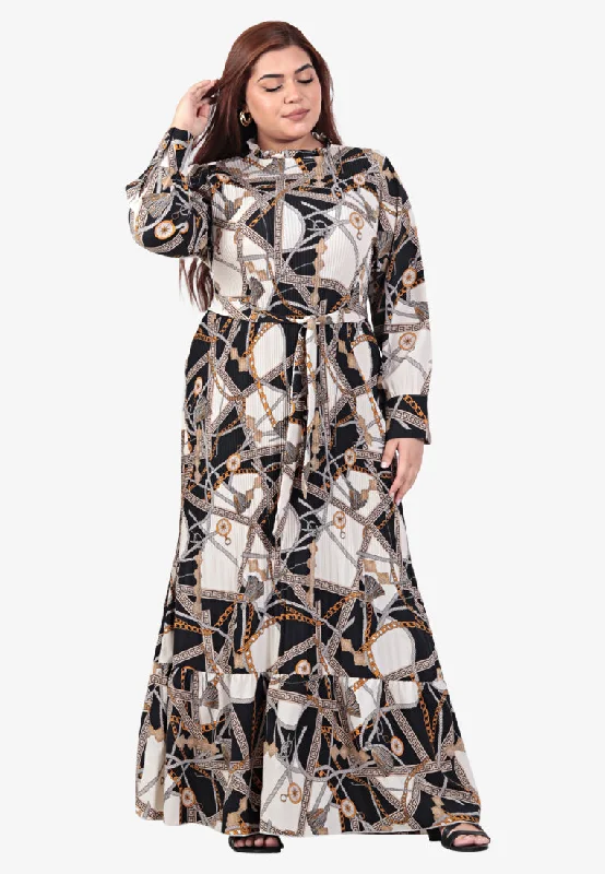 Damyra Raya Pleated Prints Belted Long Dress - Black White A-Line Day Work