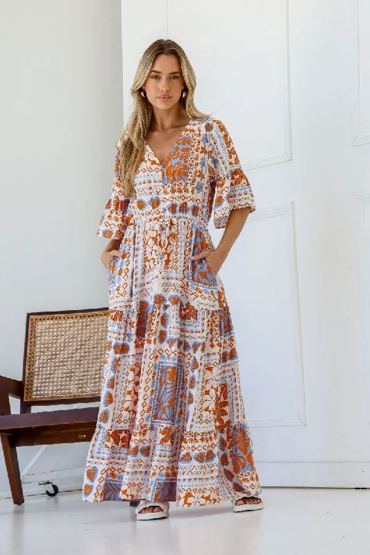 MISS MARLOW SEDONA BUTTON DRAWSTRING DRESS TAN/BLUE Tunics Top rated