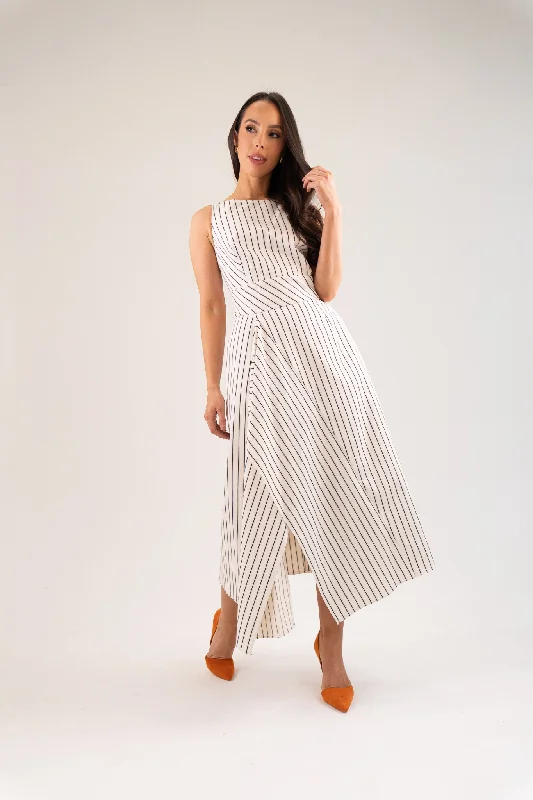 Kayla Asymmetric Pinstripe Dress In Cream Tunics Trendy modern