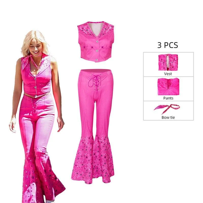 Aboutcos New Movie Barbie Cosplay Costume Wig Barbie Pink Dress Woman Halloween Role Play Party for Gilrs Bodycon Club Sequined