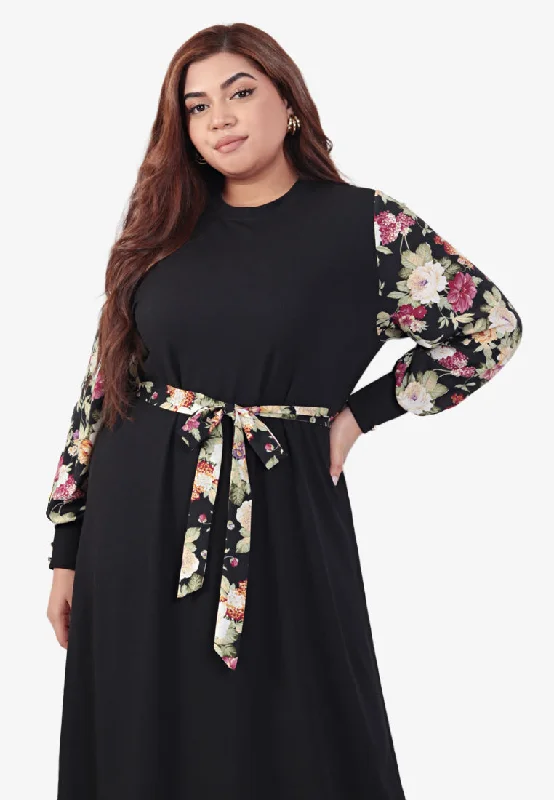 Rania Raya Printed Sleeves Ribbed Long Dress - Floral Elegant Long Evening