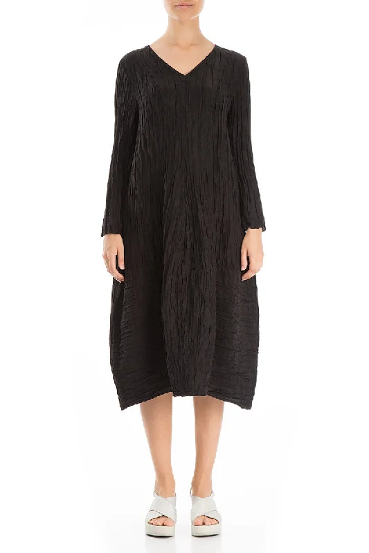 Long Sleeves V-neck Crinkled Black Dress Tunics Floral girly