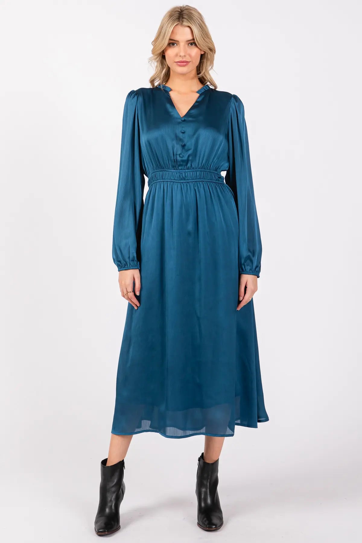 2658 Satin V-Neck Dress in Teal Tunics Print Colorful
