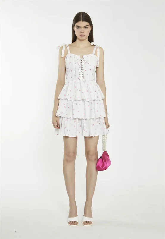 White Pink Floral Tiered Corset Mini-Dress Bodycon Club Sequined