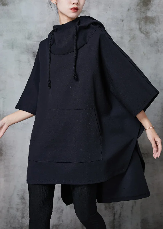 Modern Black Hooded Drawstring Cotton Loose Sweatshirts Dress Spring Hoodie with Double Zipper Versatile Adjustable
