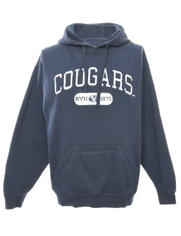 Navy Cougars Printed Hoodie - S Hoodie with Side Slits Relaxed Casual