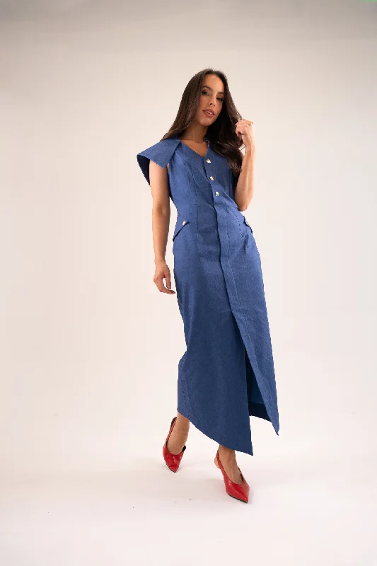 Kayla Asymmetric Collar Dress In Dark Denim Tunics Sale discount