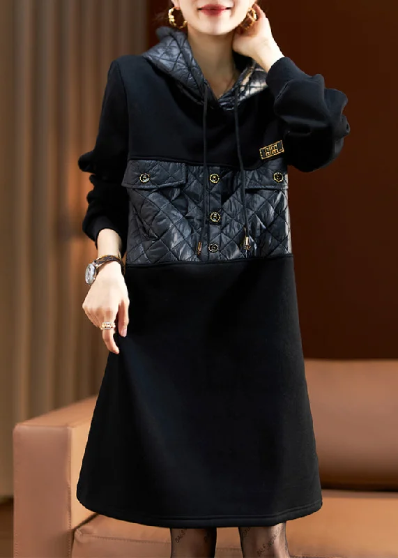 Loose Black Hooded Patchwork Cotton Filled Sweatshirt Mid Dresses Spring Hoodie with Raglan Sleeves Sporty Comfortable