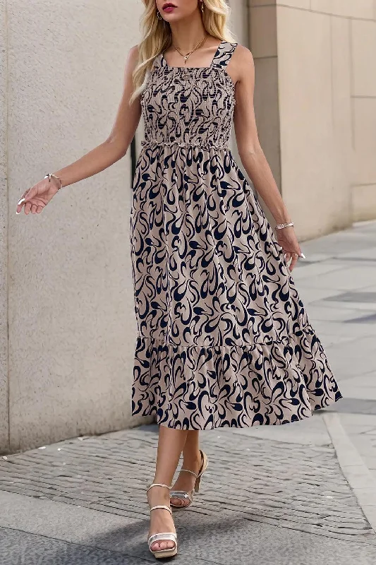 Smocked Printed Wide Strap Dress Cowl Neckline Elegant