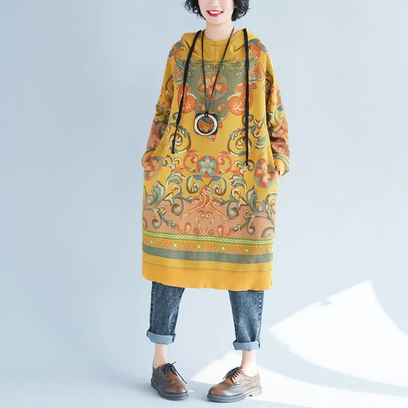 Fashion Yellow Hooded side open Print Sweatshirt dresses Spring Hoodie with Neon Bright Vibrant