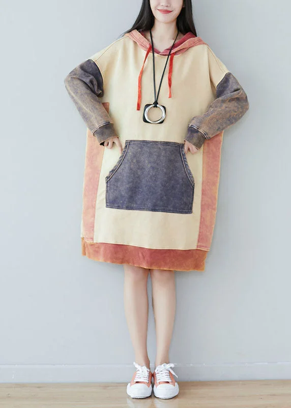 Plus size Beige Patchwork Sweatshirts dresses Spring Hoodie with Button Classic Timeless