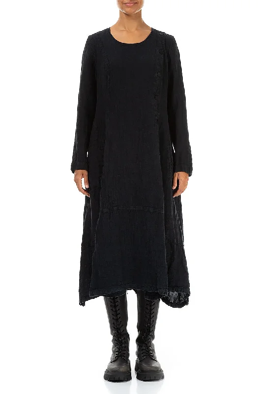 Side Buttons Midnight Blue Mélange Linen Dress Tunics Gym athletic