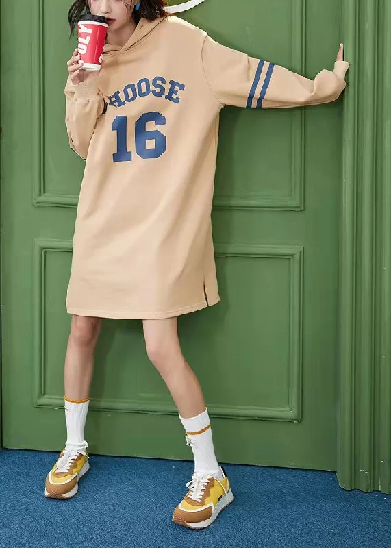 Classy Khaki drawstring Print side open Sweatshirt Spring dress Hoodie with Lace Feminine Delicate