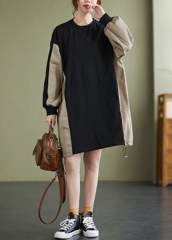 Casual Colorblock Patchwork Drawstring Sweatshirt Dress Long Sleeve Hoodie with Stripes Bold Sporty