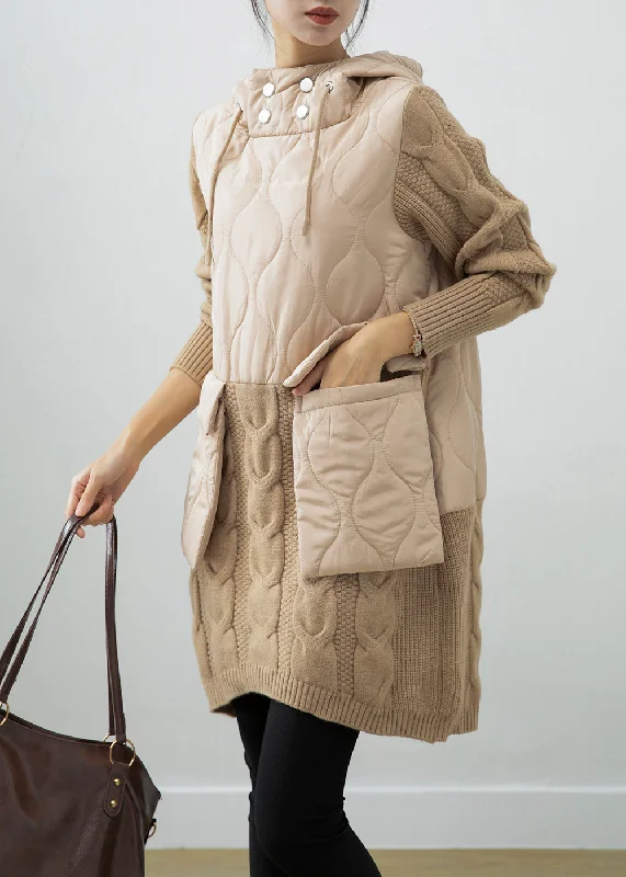 Fine Beige Oversized Patchwork Thick Warm Fleece Sweatshirt Dress Winter Hoodie with Snap Buttons Easy Quick