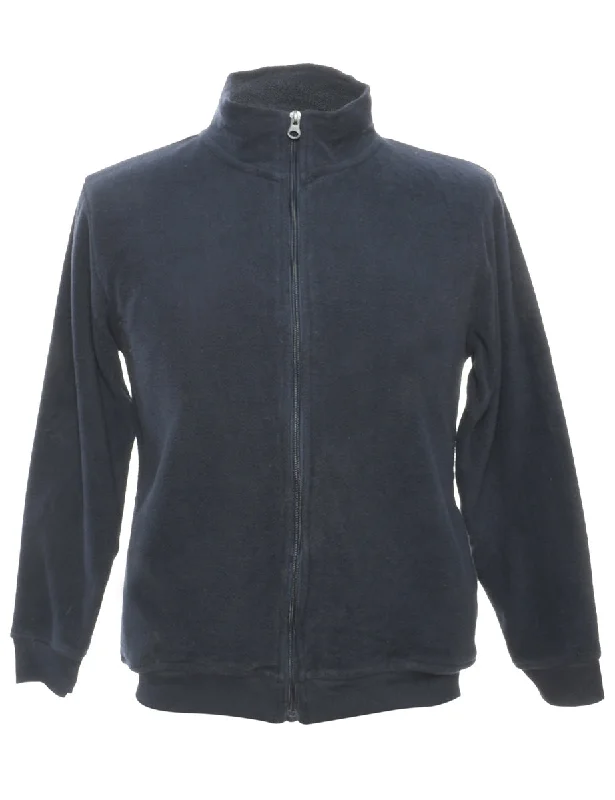 Navy Fleece Sweatshirt - M Hoodie with Hem Embroidery Detailed Premium