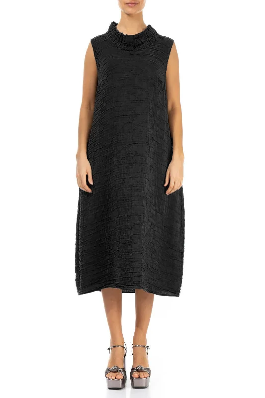 Cowl Neck Crinkled Black Silk Linen Dress Tunics Spring floral