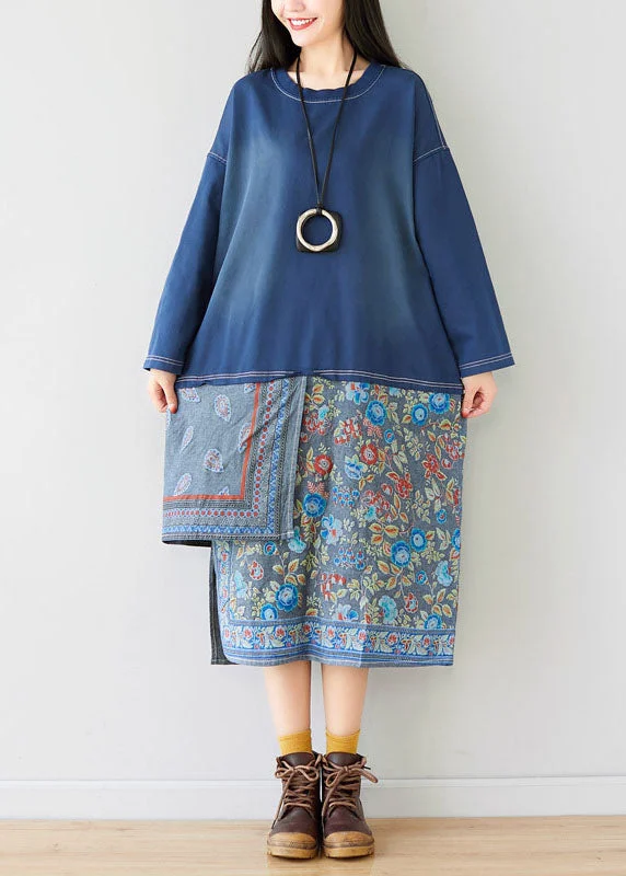 Plus size Blue Patchwork print Sweatshirt dresses Spring Hoodie with Rhinestones Sparkly Elegant