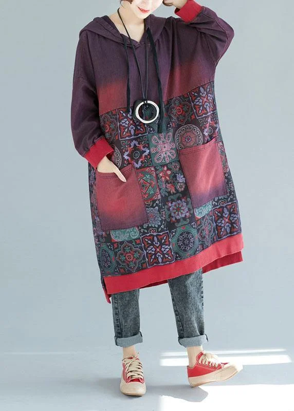 Women Mulberry Hooded Pockets Patchwork Print Fall Sweatshirts Dress Hoodie with Illustration Artistic Creative