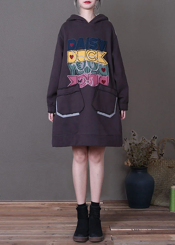 Boutique Purple Hooded Patchwork Warm Fleece Sweatshirt Winter Hoodie with Distressed Vintage Worn