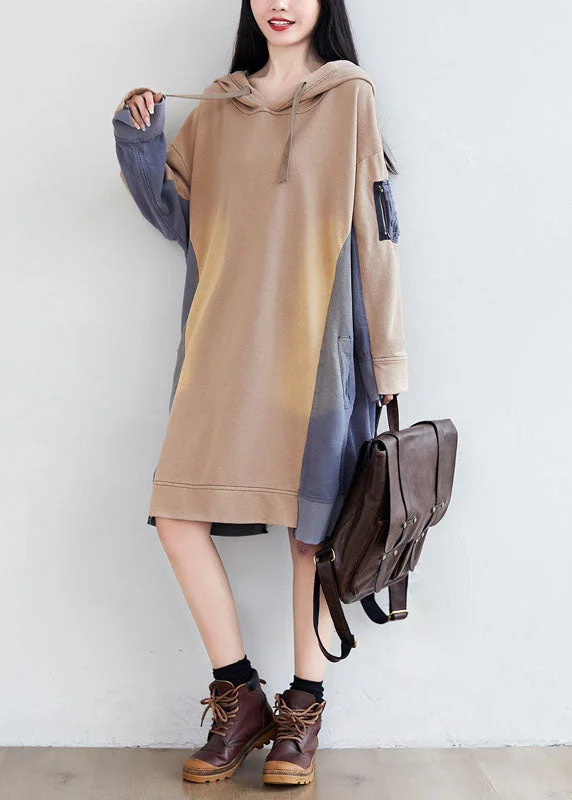 Loose Khaki hooded Asymmetrical Pockets Patchwork Sweatshirts dresses Spring Hoodie with Tie-Dye Psychedelic Retro