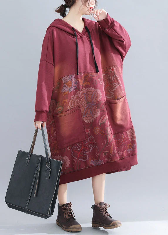 Classy Red print Patchwork Sweatshirts dresses Spring Hoodie with Metallic Shiny Futuristic