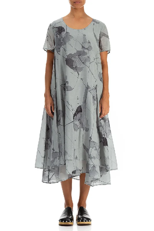 Layered Sage Mirage Silk Cotton Dress Elegant Long Evening